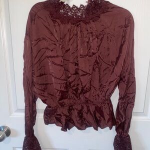 Zara Elegant Lace Trimmed Burgundy Blouse